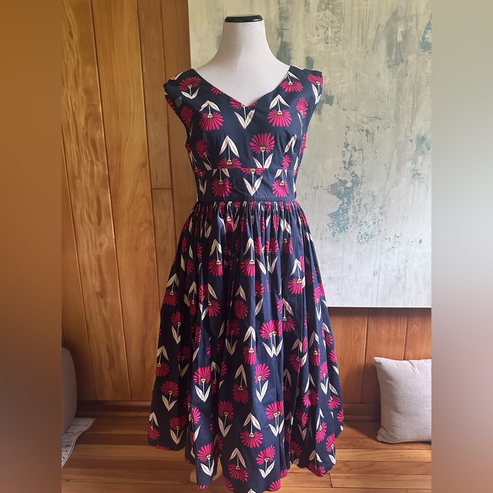 Modcloth Women's Navy Floral Fit-and-Flare Dress with Pink Accents